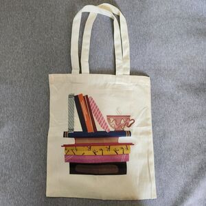 Canvas Tote Bag Book and Coffee Print with Zipper Pocket